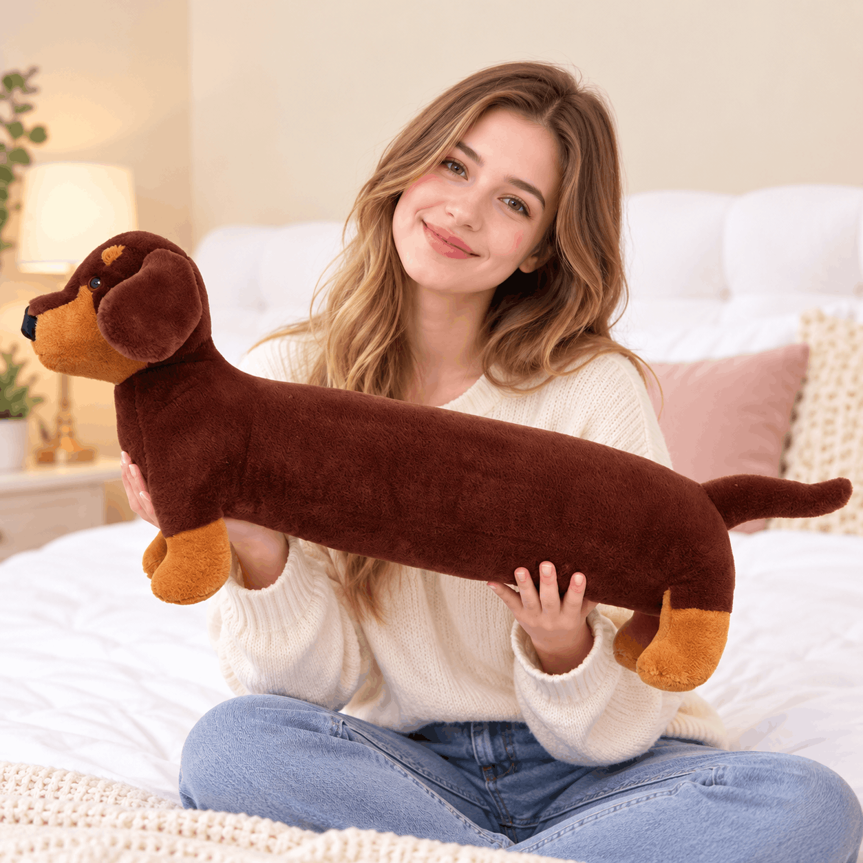 Realistic Dachshund Plush Dog Stuffed Animal A woman sitting on a bed holds a long, plush dachshund-shaped pillow or toy. The product is brown with tan accents on the muzzle, paws, and tail.