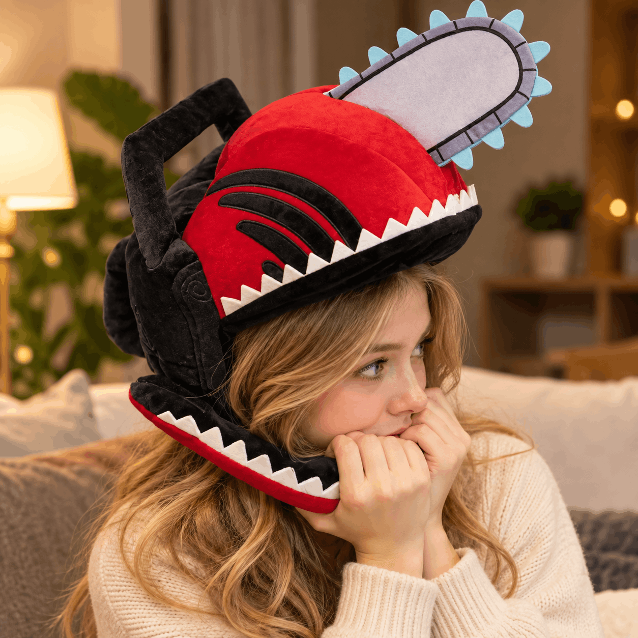 Chainsaw Man Plush Hat Anime Cosplay Headwear A woman wearing a plush chainsaw hat in a cozy living room setting. The hat is red and black with white and light blue details, styled like a chainsaw with a gray blade and black handle.