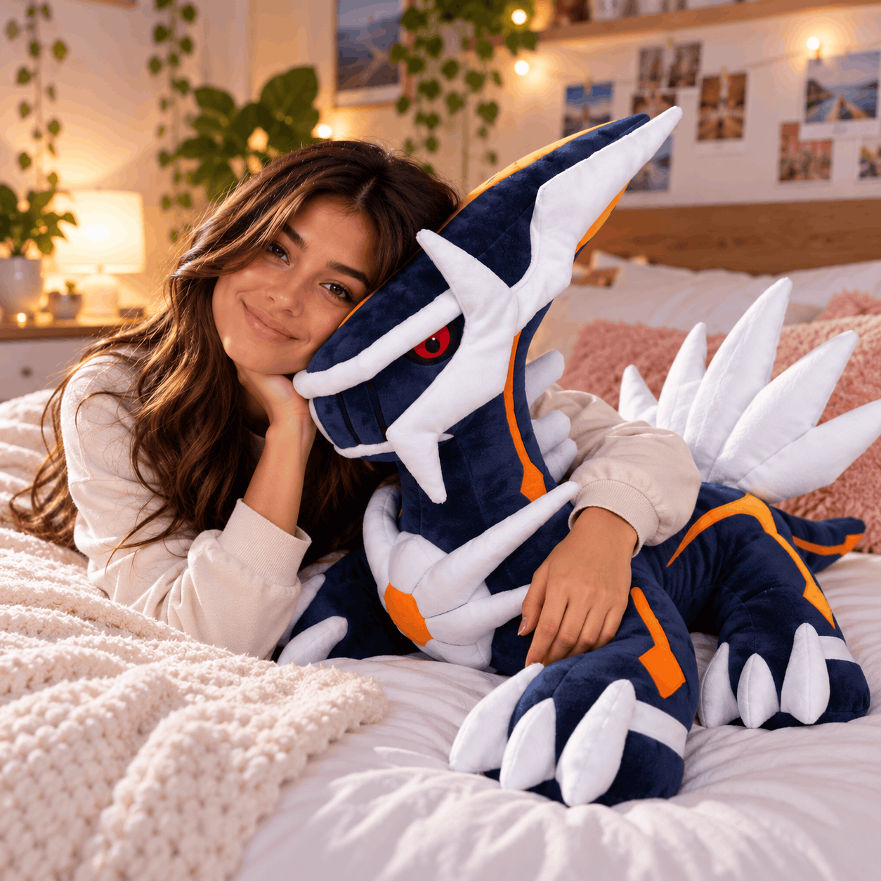 Pokemon Dialga Plush Toy – Large Soft Stuffed Animal A woman lying on a bed in a cozy bedroom, holding a large plush toy of a dark blue and white dragon-like creature with orange accents and red eyes.