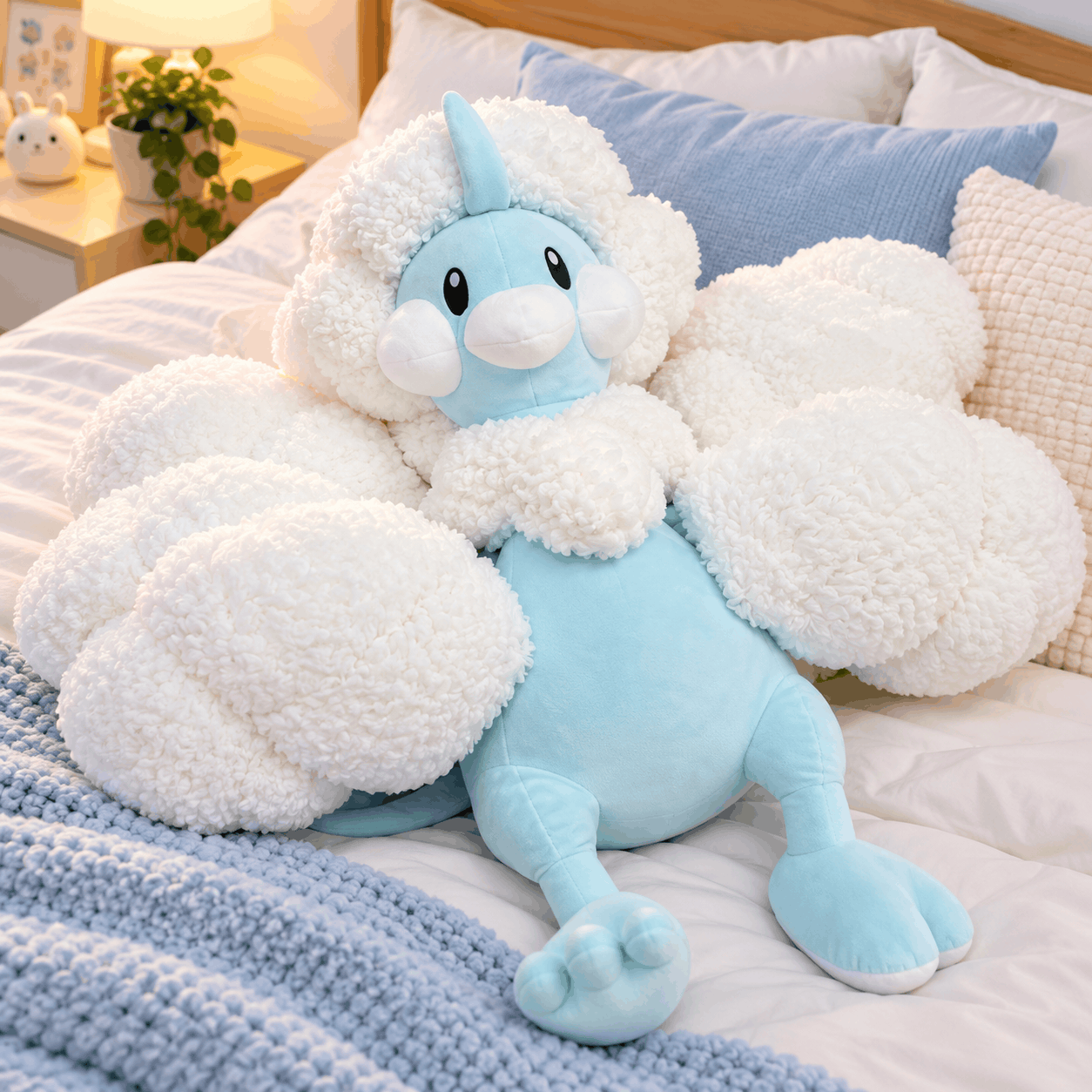 Pokemon Altaria Plush Toy – Soft Cute Stuffed Animal A plush toy shaped like a small blue creature with fluffy white cloud-like wings and a matching fluffy white hood, sitting on a bed with pillows and blankets in a cozy bedroom setting.