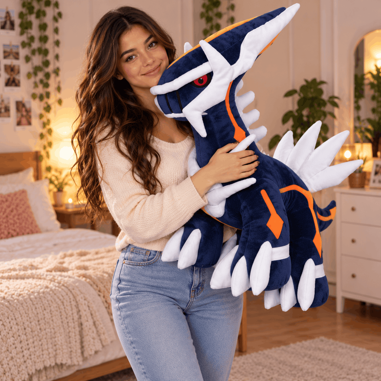 Pokemon Dialga Plush Toy – Large Soft Stuffed Animal A woman in a cozy bedroom setting holds a large plush toy of a blue and white dragon with orange accents, resembling a popular gaming character.