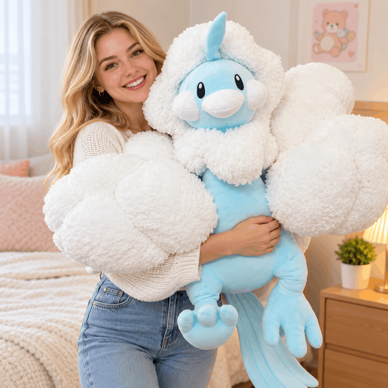 Pokemon Altaria Plush Toy – Soft Cute Stuffed Animal A smiling woman in a bedroom holds a very large plush toy resembling a light blue creature with fluffy white cloud-like wings and a matching fluffy white hood. The room has a bed, nightstand, lamp, and framed wall art in the background.