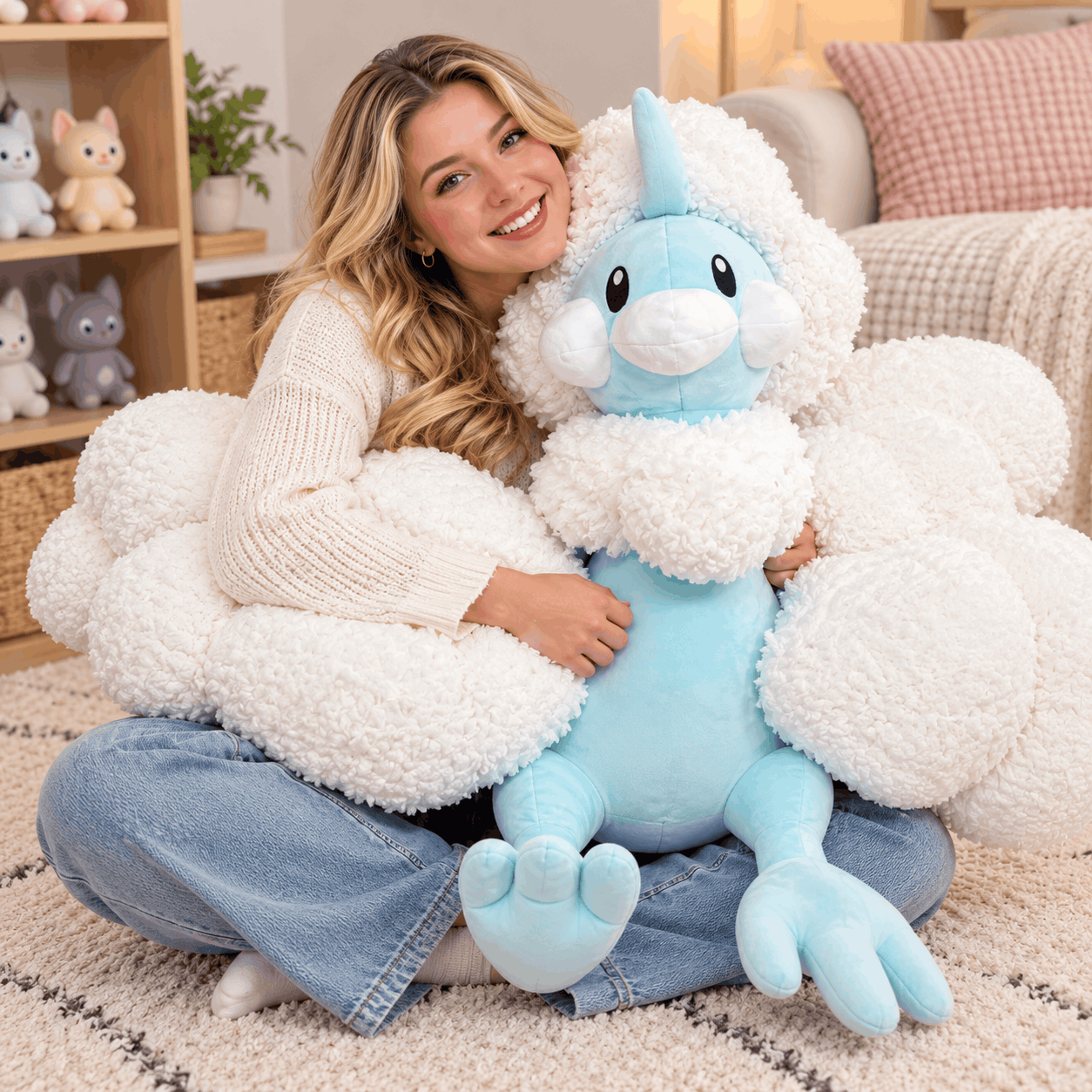 Pokemon Altaria Plush Toy – Soft Cute Stuffed Animal A woman sitting on a rug in a cozy living room setting, holding a large plush toy that combines a light blue body with fluffy white cloud-like wings and a matching white cloud-shaped pillow.