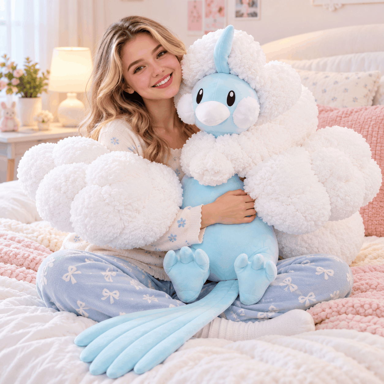 Pokemon Altaria Plush Toy – Soft Cute Stuffed Animal A woman sitting on a bed in a cozy bedroom setting, holding a large plush toy shaped like a fluffy white cloud with a light blue body and tail. The room has soft pink and white bedding, a bedside lamp, and framed art on the wall.