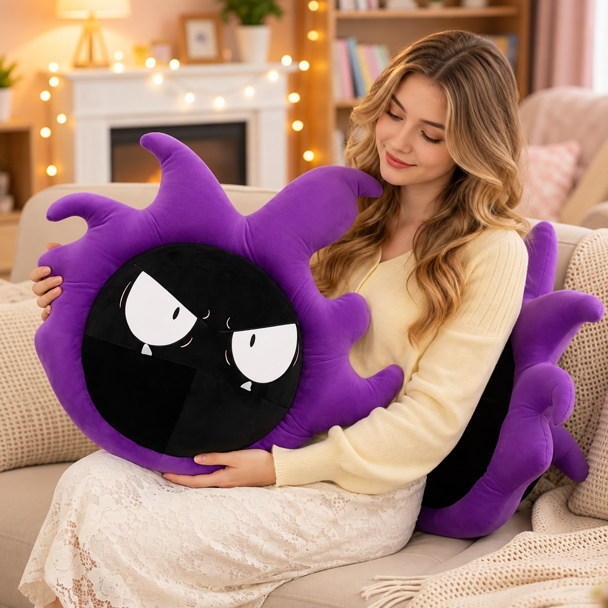 Pokemon Gastly Plush Pillow Stuffed Toy A woman sitting on a couch holds a large purple and black spider-shaped plush pillow with cartoon eyes in a cozy living room setting.