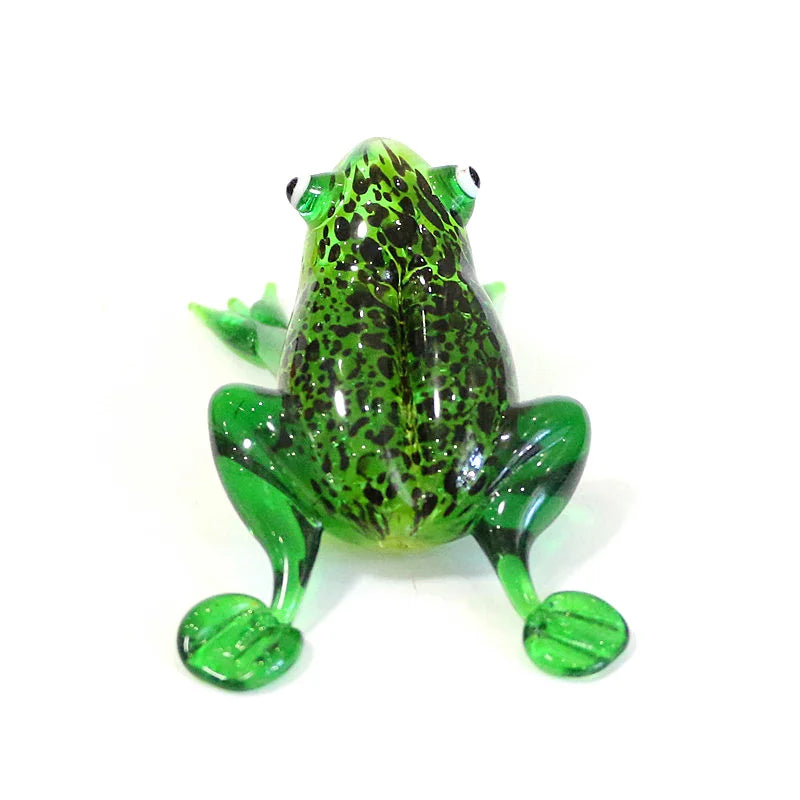 Murano Glass Frog Figurine – Glass Animal Mini Statue Home Accent Glass frog figurine with green and black pattern on a white background