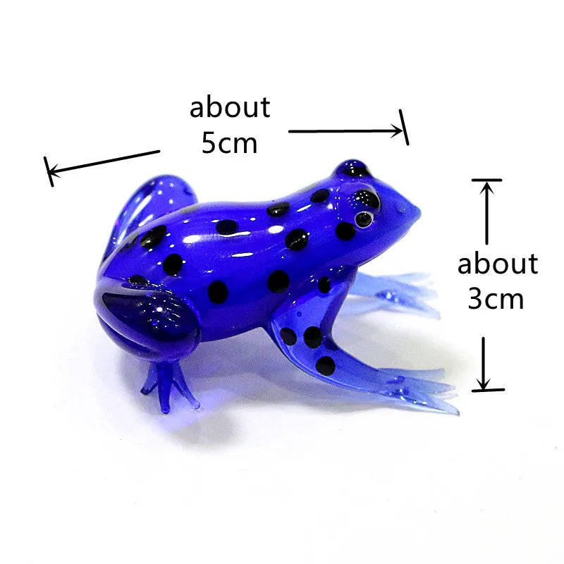 Murano Glass Frog Figurine – Glass Animal Mini Statue Home Accent Blue frog-shaped object with measurements on a white background