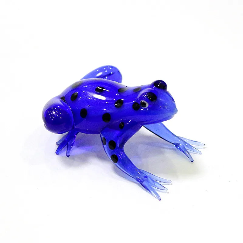 Murano Glass Frog Figurine – Glass Animal Mini Statue Home Accent Blue frog toy with black spots on a white background