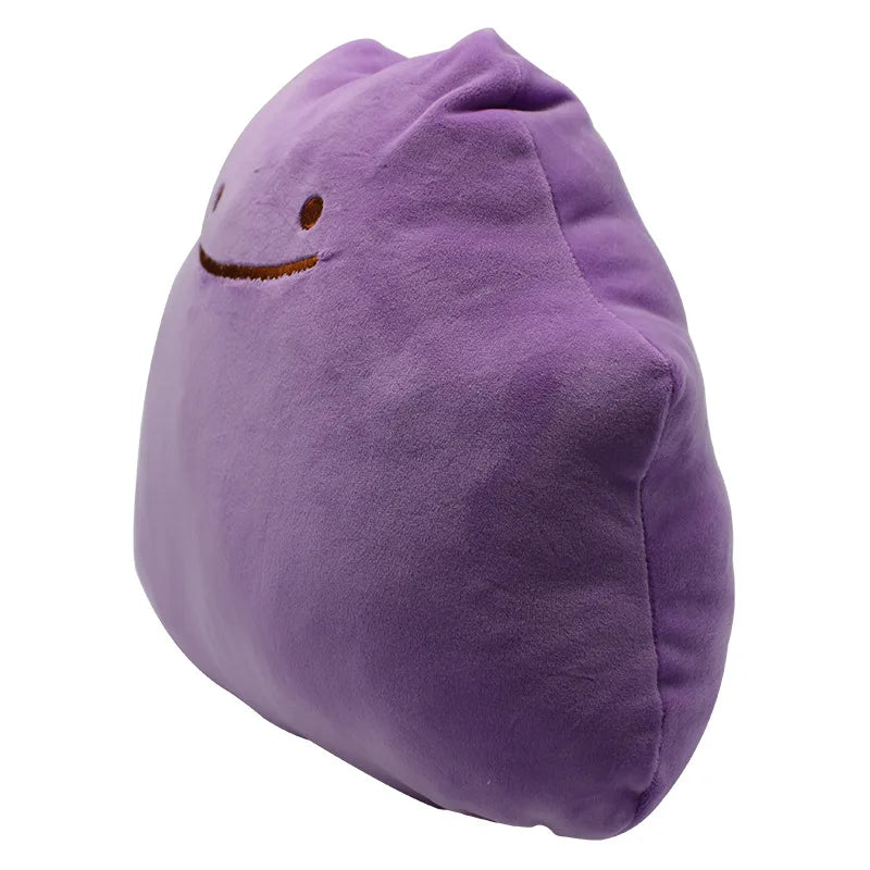 Pokemon Ditto Snorlax Plush Toy – Inside-Out Pillow A purple plush pillow shaped like a blob with embroidered brown eyes and a curved smile, shown on a plain white background.