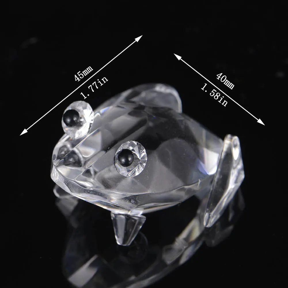 Crystal Glass Frog Figurine Ornament – Handcrafted Animal Paperweight Clear crystal frog figurine with measurements on a black background