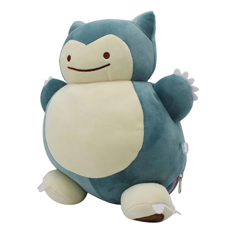 Pokemon Ditto Snorlax Plush Toy – Inside-Out Pillow A plush toy of Snorlax, a character from the Pokémon franchise, shown against a plain white background. The plush is blue-gray with a cream-colored belly and face, featuring a stitched smile and small white claws on its paws.