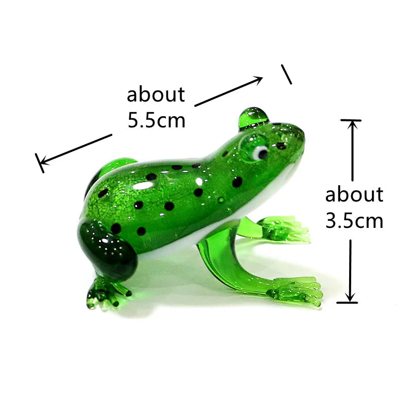 Murano Glass Frog Figurine – Glass Animal Mini Statue Home Accent Green frog-shaped object with measurements on a white background
