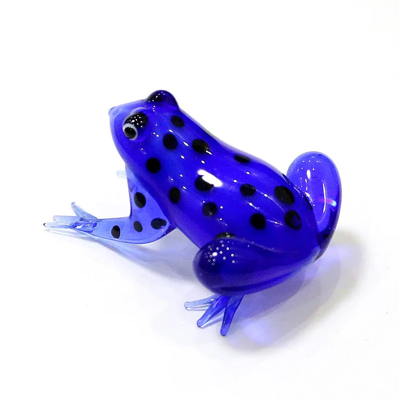 Murano Glass Frog Figurine – Glass Animal Mini Statue Home Accent Blue glass frog figurine with black spots on a white background