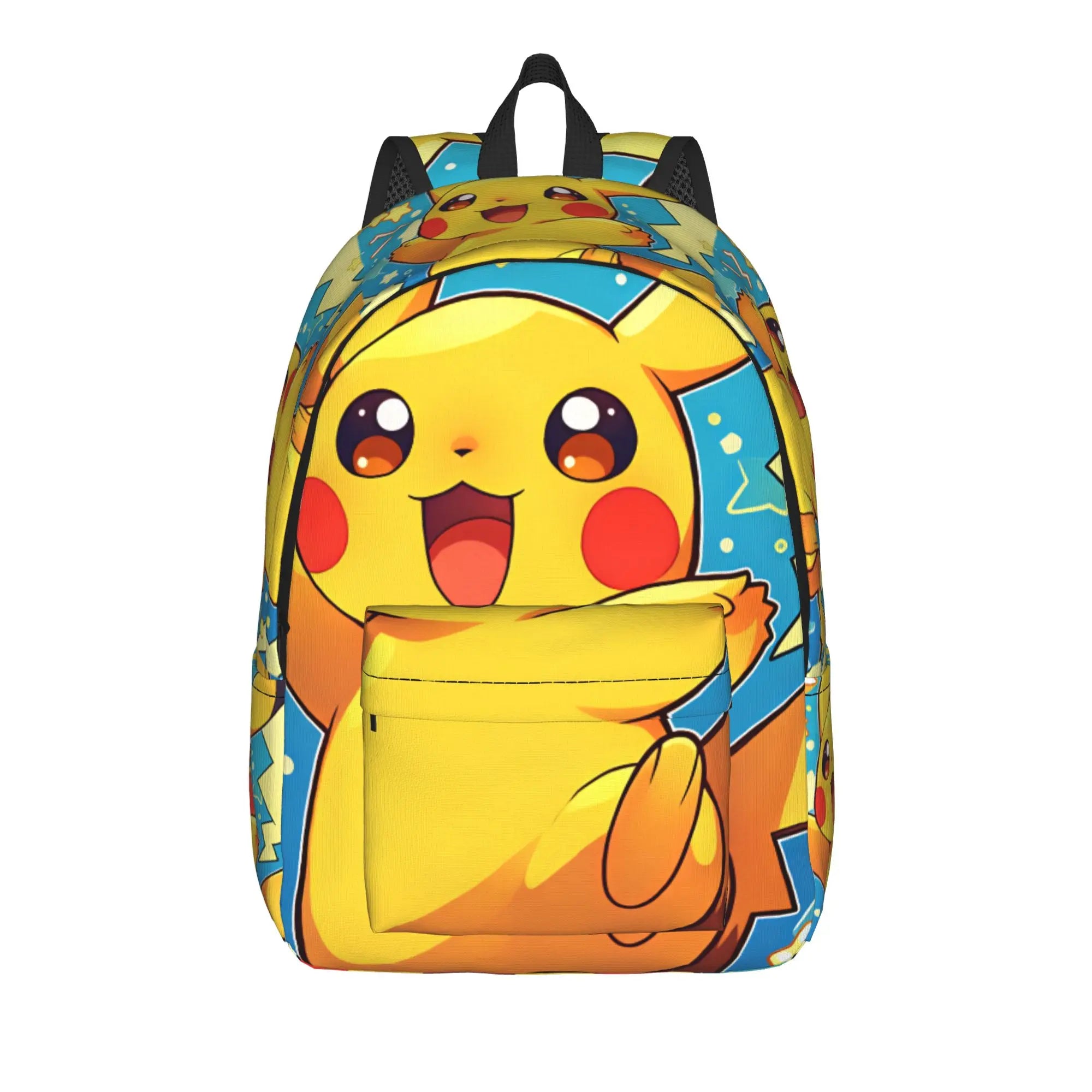 Pokemon Squirtle Backpack – Sport School Bag A Pikachu-themed backpack featuring a large cartoon Pikachu graphic on the front, with a yellow front pocket, black top handle, and blue and yellow patterned sides, shown on a plain white background.