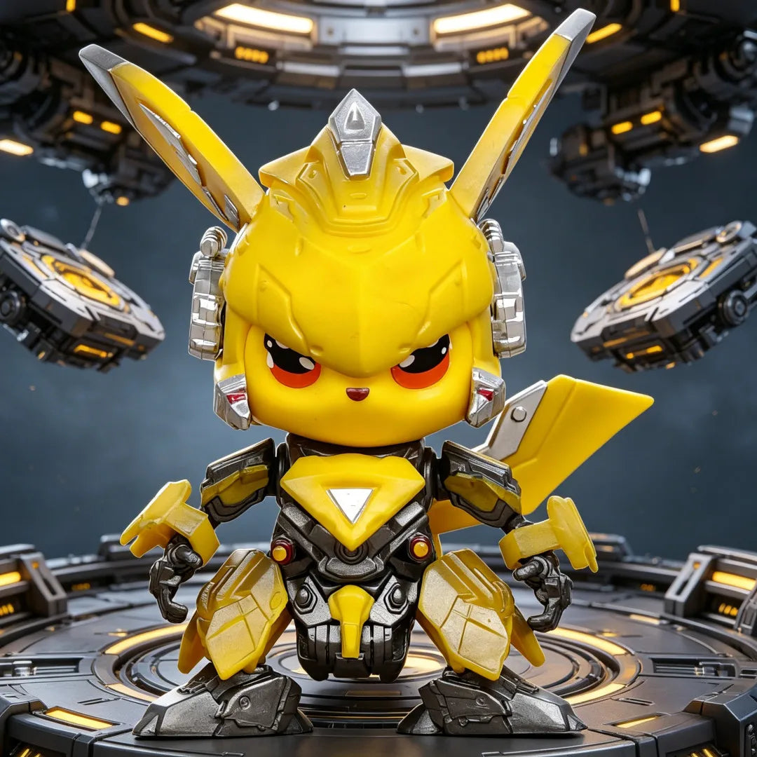 Pikachu Bumblebee Figure – Handheld Desktop Collectible A yellow and black robotic toy figure with red eyes stands centered on a circular platform in a futuristic sci-fi setting with hovering circular structures in the background.