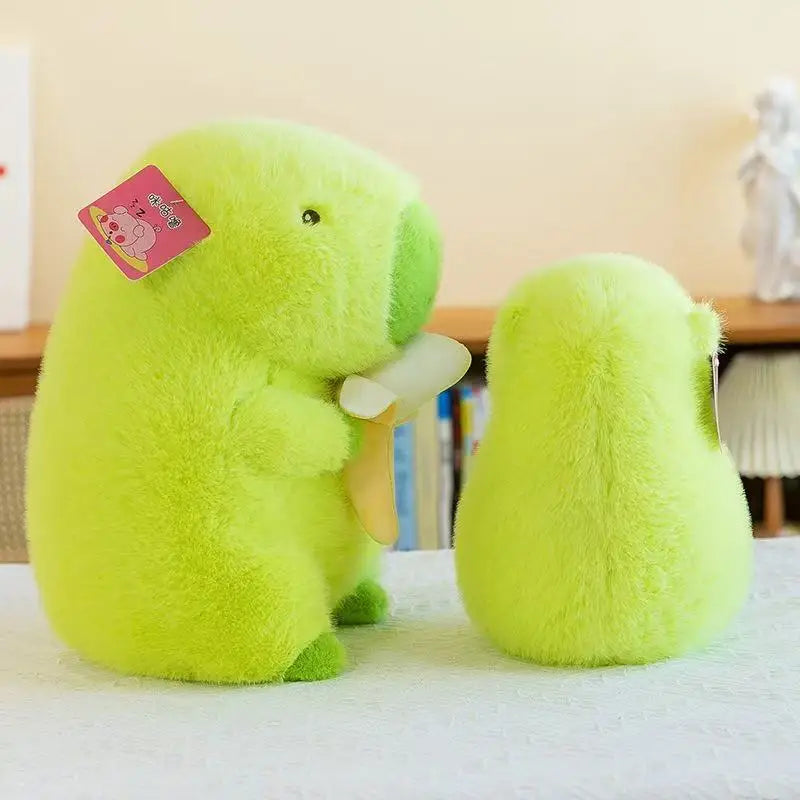 Green Banana Capybara Plush Toy – Cute Kawaii Stuffed Animal Green plush toy with a tag on a light-colored surface