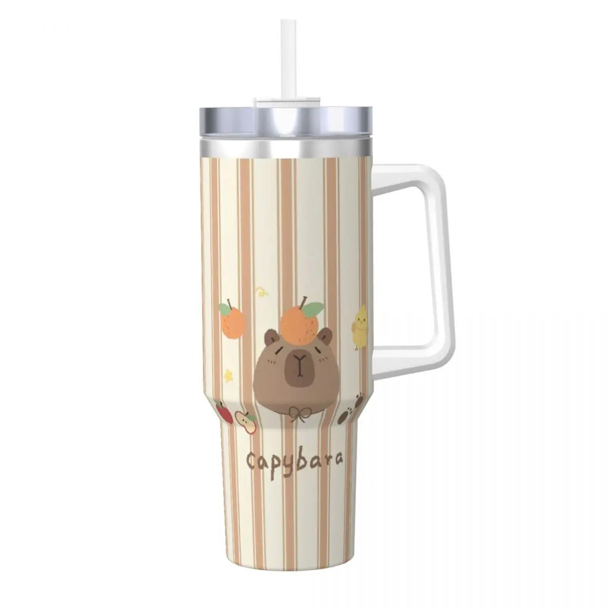 Capybara Insulated Tumbler – Stainless Steel Hot & Cold Drink Cup A tall handled travel tumbler with a lid and straw, featuring a cream and tan vertical stripe pattern, a cute cartoon capybara holding an orange, and the word 'capybara' printed near the bottom.