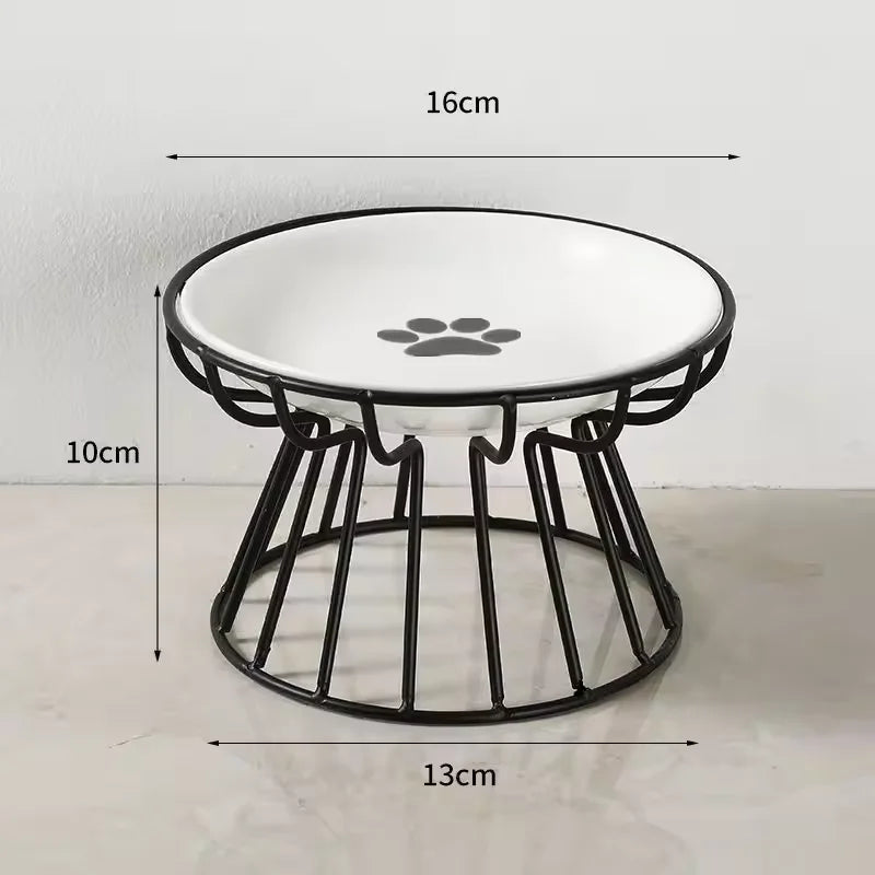 Ceramic Elevated Pet Bowl with Stand Food & Water Pet bed with black metal frame and paw print design, shown with measurements on a white background.