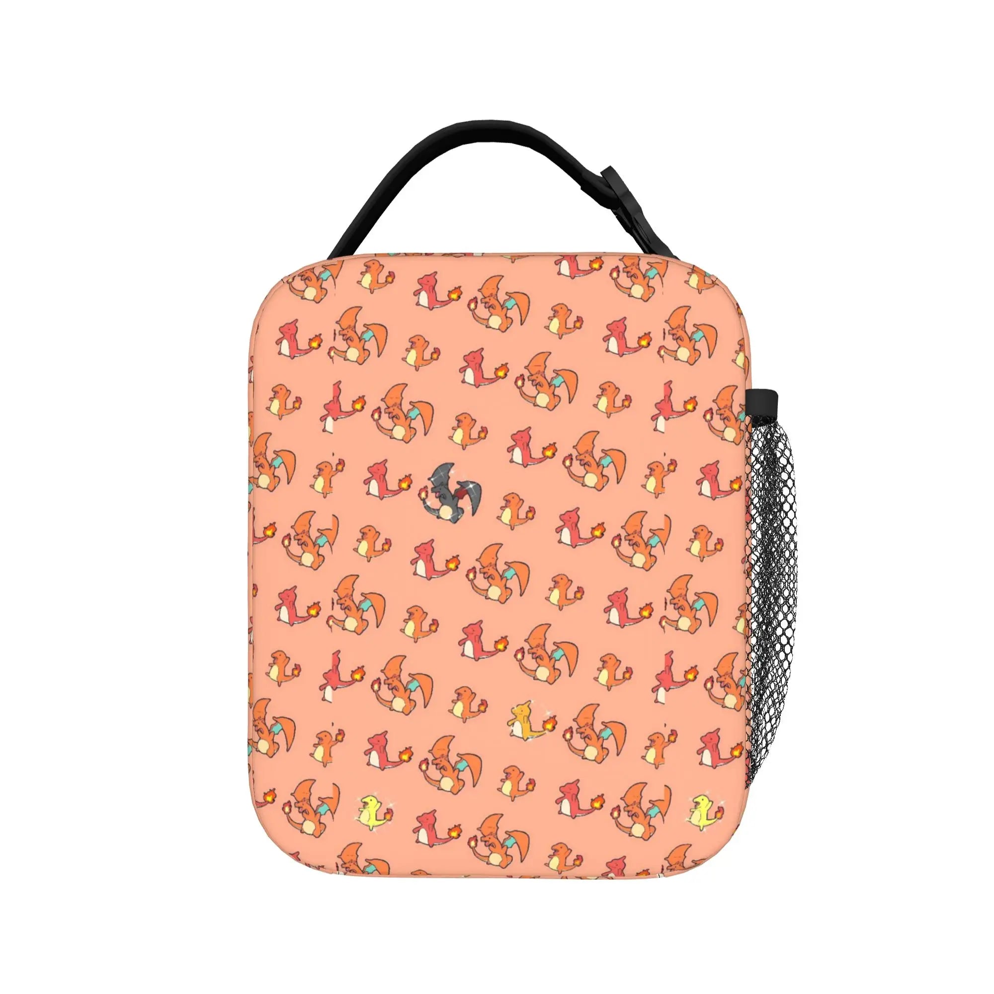 Pokemon Charizard Fire Burst Lunch Bag – Waterproof Insulated Tote A square lunch bag with rounded corners, featuring a peach background with a repeating pattern of cartoon foxes in orange, red, yellow, and blue. It has a black top handle and a black mesh side pocket.