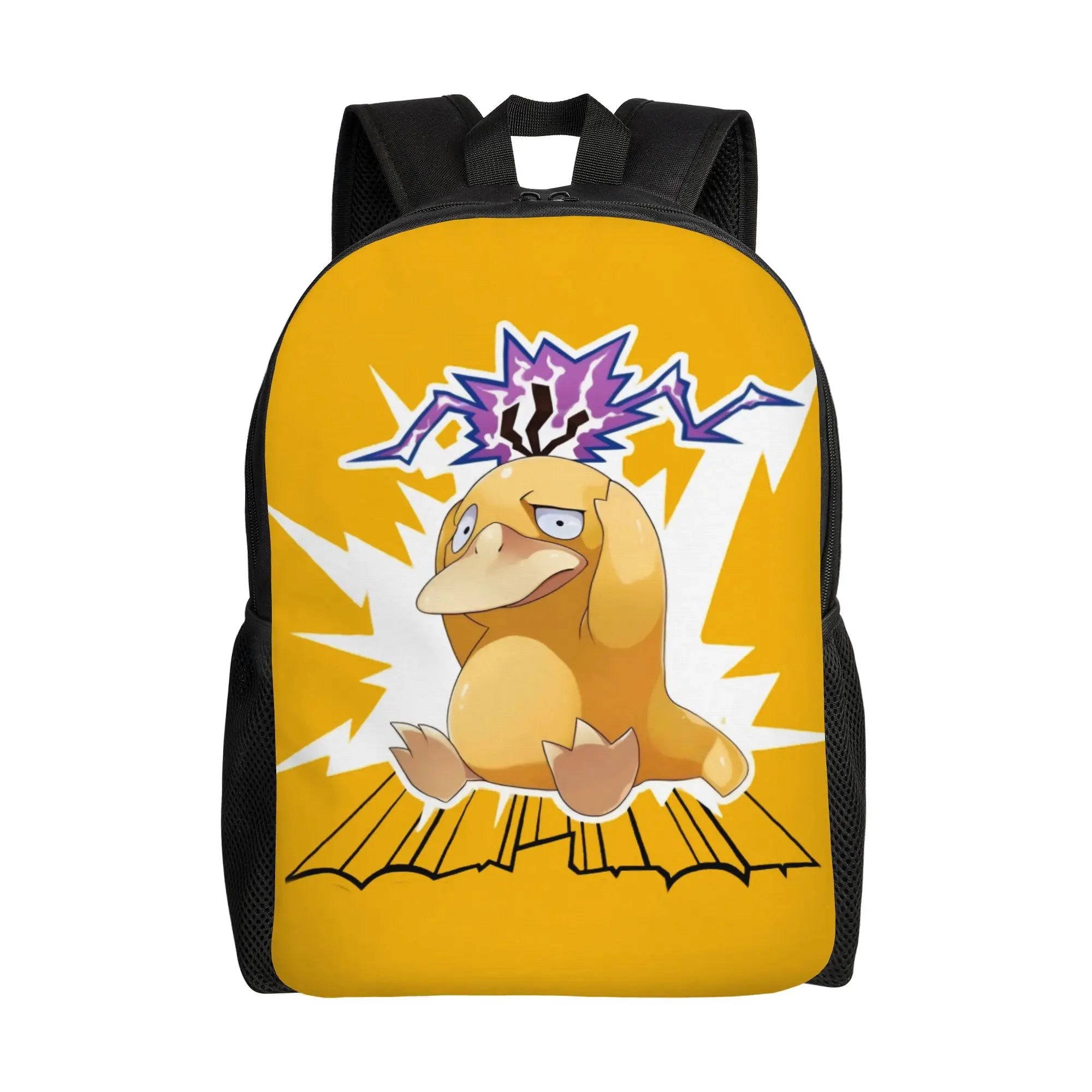 Pokemon Psyduck Laptop Backpack – School Bag A yellow and black backpack featuring a cartoon graphic of a yellow duck-like creature with purple lightning on a white burst background.