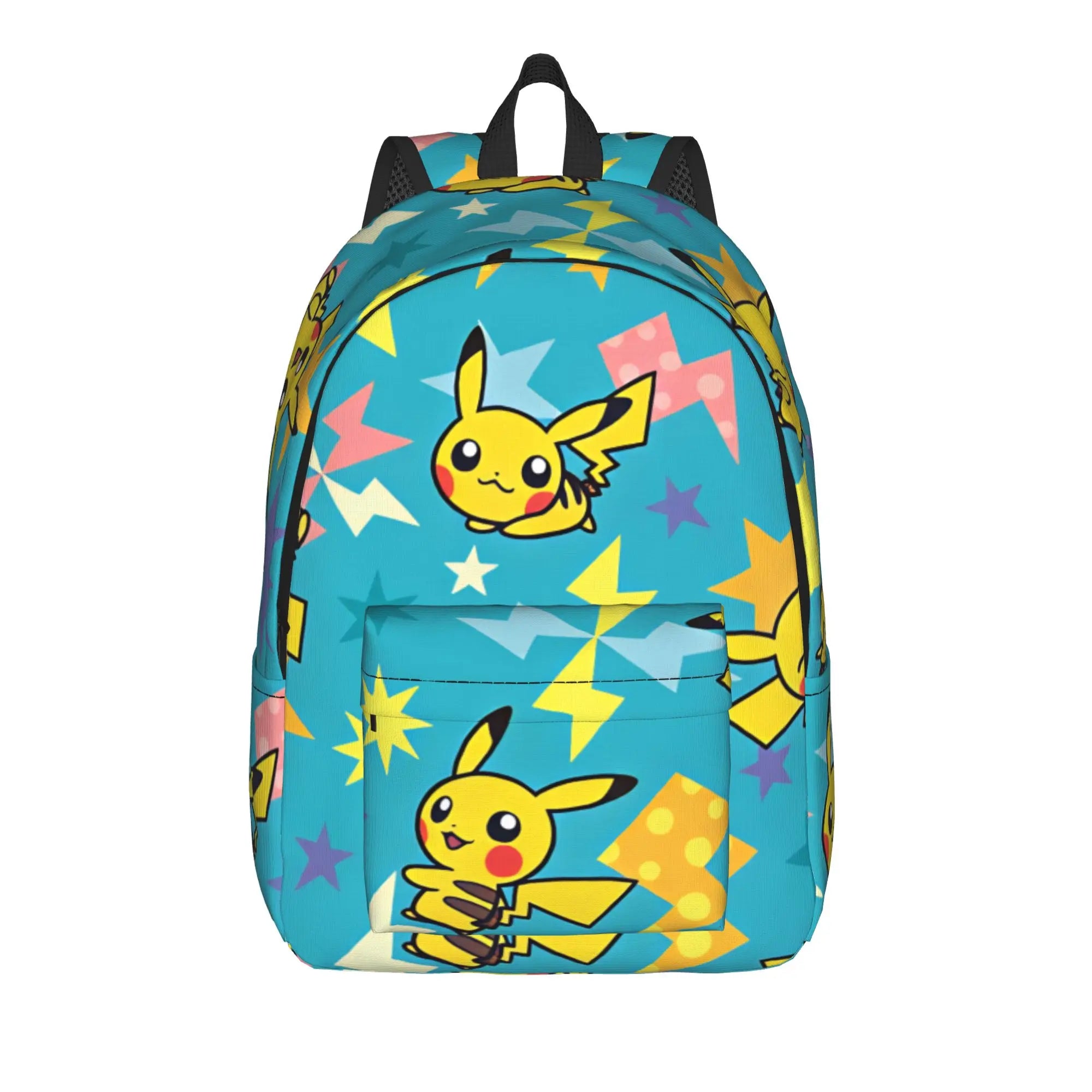 Pokemon Squirtle Backpack – Sport School Bag A blue backpack featuring a repeating pattern of Pikachu, yellow stars, and lightning bolts, shown against a plain white background.