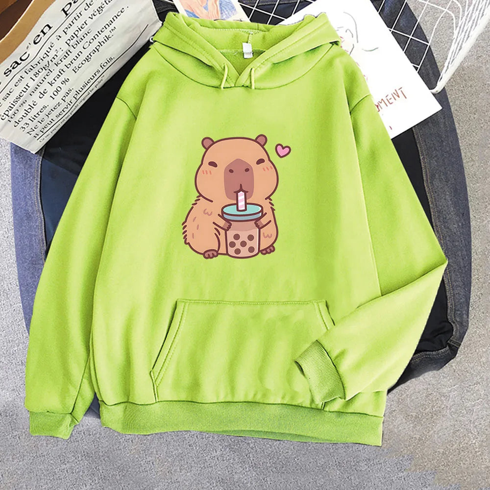 Capybara Drinking Bubble Tea Hoodie Capybara Drinking Bubble Tea Hoodie Furvenzy Light Green XS