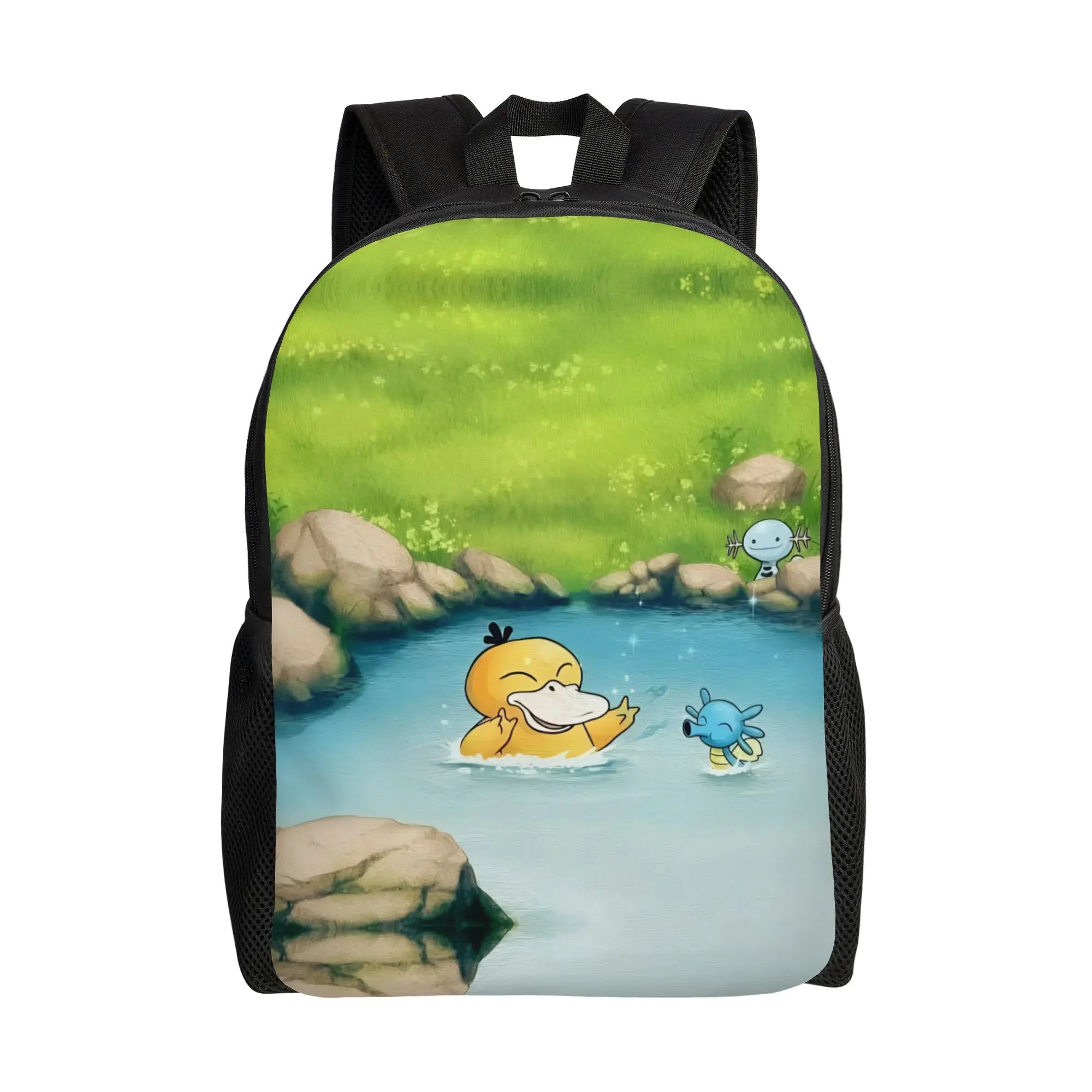 Pokemon Psyduck Laptop Backpack – School Bag A black backpack featuring a printed illustration of a yellow duck-like character and a small blue creature in a green outdoor pond scene, shown on a plain white background.