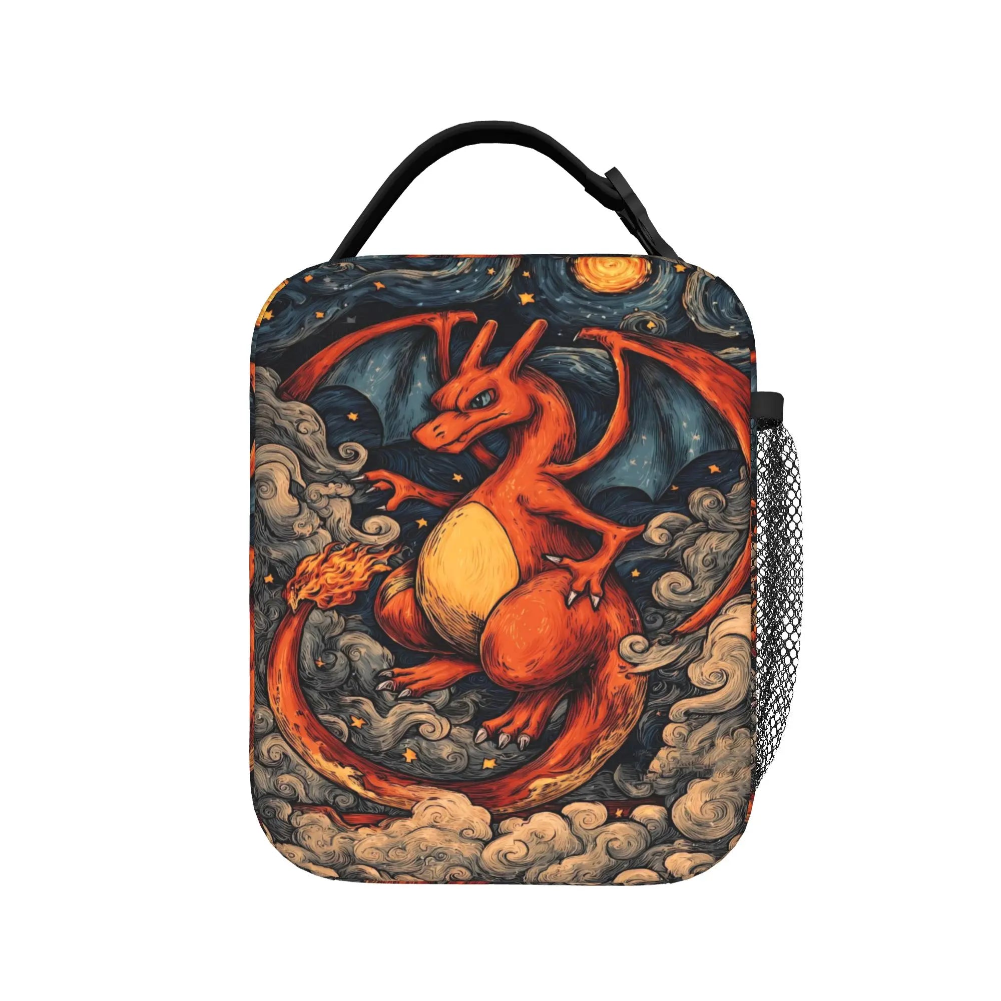 Pokemon Charizard Fire Burst Lunch Bag – Waterproof Insulated Tote A square insulated lunch bag with a black handle, featuring a detailed fantasy illustration of a red dragon surrounded by dark clouds and a glowing yellow moon on a plain white background.