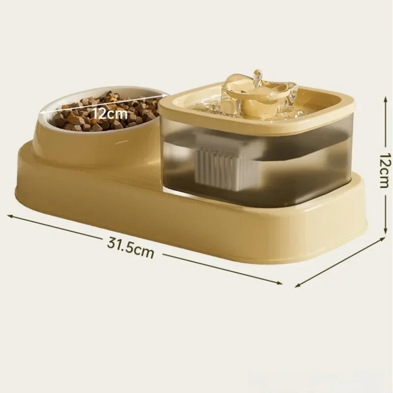 2 in 1 Cat Water Fountain Auto Filter USB Quiet Feeder Pet feeding and drinking station with dimensions on a white background