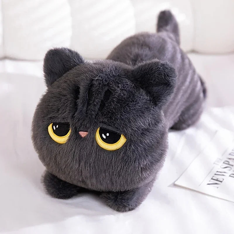 Black Cat Plush Pillow – Cute Kawaii Stuffed Animal Cushion Gray cat-shaped plush toy on a white surface