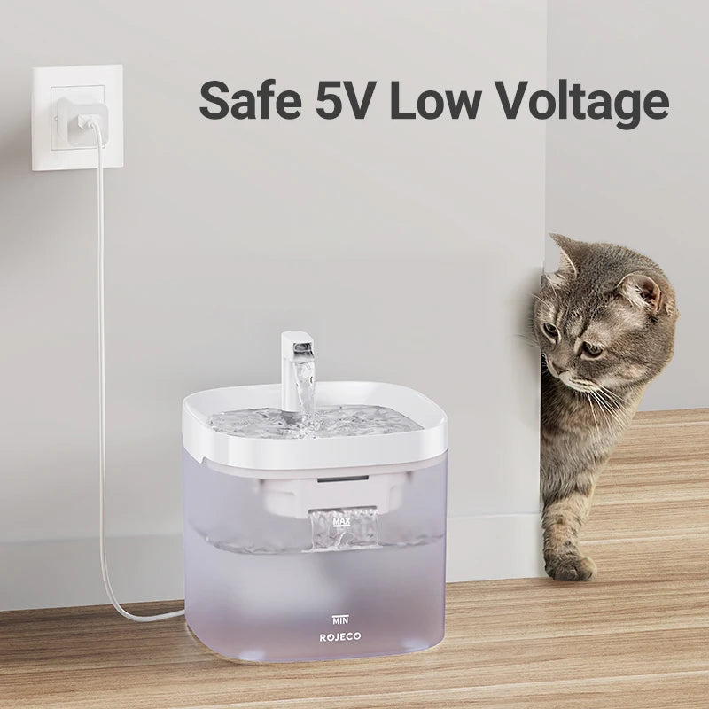 Smart Cat Water Fountain Automatic Filter Pet Dispenser Pet water fountain with a cat observing, featuring 'Safe 5V Low Voltage' text.
