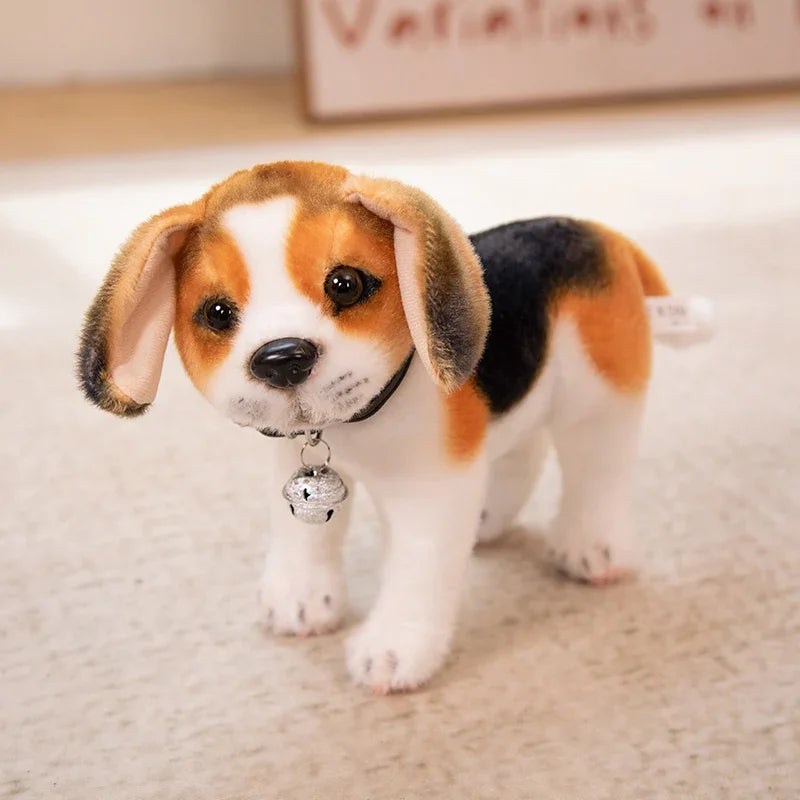 Realistic Dalmatian Beagle Plush Stuffed Toy Stuffed toy dog with a bell on a beige surface