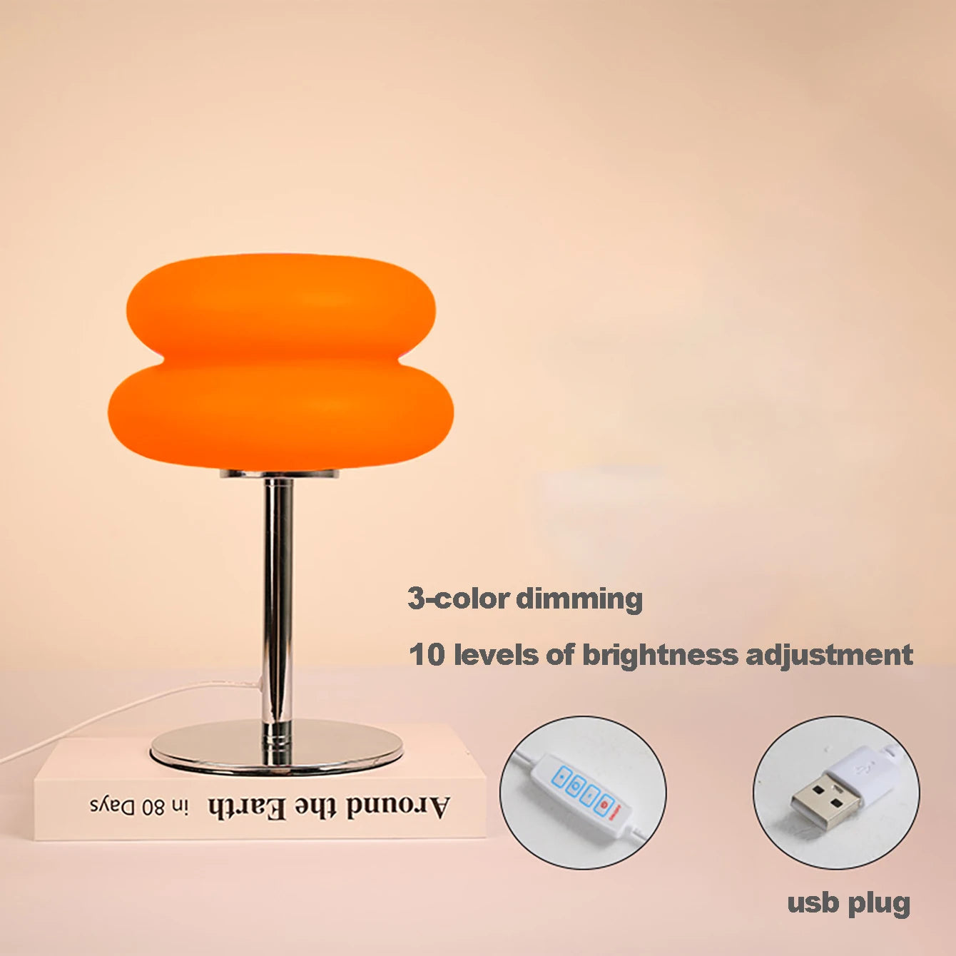 Orange Mushroom Bedside Table Lamp – USB Tri-Color Dimmable Light Orange lamp with 3-color dimming and USB plug on a beige background