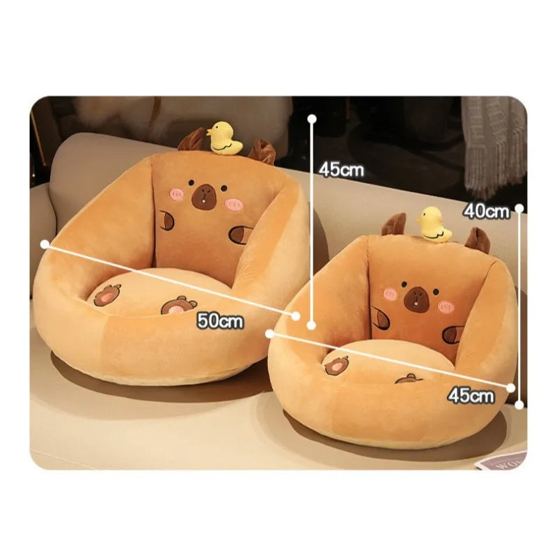 Capybara Floor Cushion – Futon Seat for Living Room & Bedroom Two plush animal-shaped armchairs in a warm tan and brown color, shown with overlaid dimension lines and labels indicating measurements of 50cm, 45cm, 40cm, and 45cm.