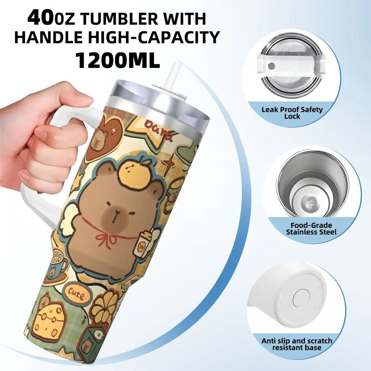 Capybara Insulated Tumbler – Stainless Steel Hot & Cold Drink Cup A hand holds a 40oz tumbler with a high-capacity handle and straw. The tumbler has a cartoon capybara design with a beige background and multicolored accents.