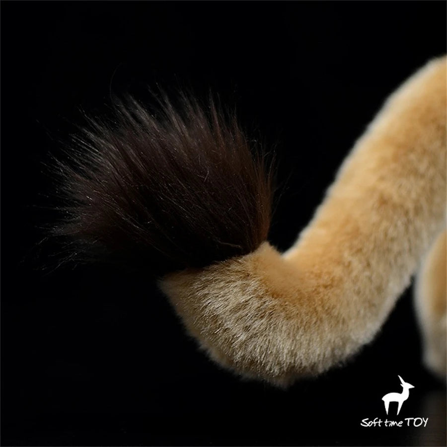 Realistic Lioness Plushie – African Lion Simulation Toy Close-up of a plush toy's paw and tail against a black background, with 'Soft Time Toy' logo.