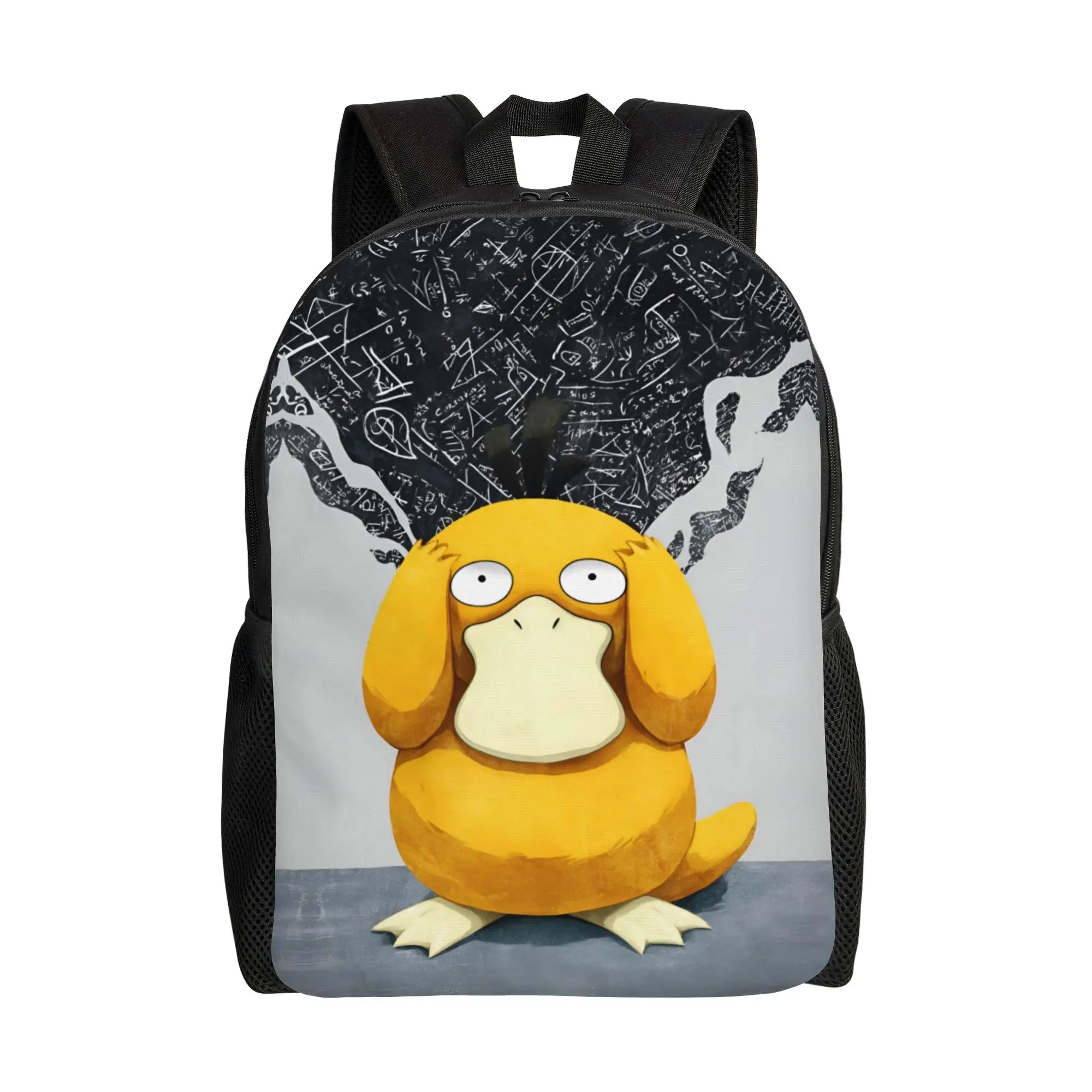 Pokemon Psyduck Laptop Backpack – School Bag A black backpack featuring a large graphic print of the yellow Pokémon Psyduck on the front, with a dark, sketchy brain-like pattern above it, shown against a plain white background.