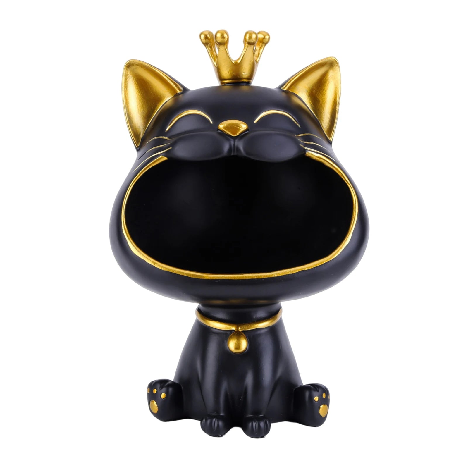 Lucky Cat Figurine with Storage Box – Resin Laughing Cat Home Decor Black cat figurine with gold crown and collar on a white background