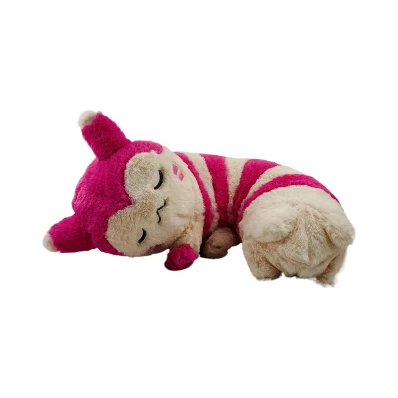 Pokemon Furret, Dratini & Snorlax Plush Neck Pillow A sleeping cartoon character plush toy, resembling a sleeping Pikachu in a pink and cream striped outfit, isolated on a white background.