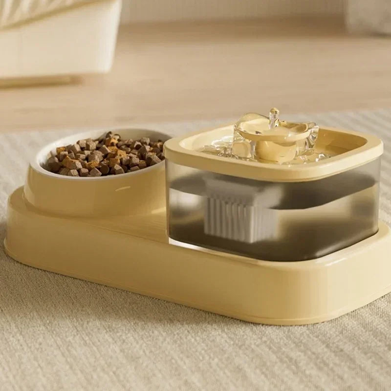 2 in 1 Cat Water Fountain Auto Filter USB Quiet Feeder Beige pet feeding station with bowl of food and water dispenser on a carpeted floor.