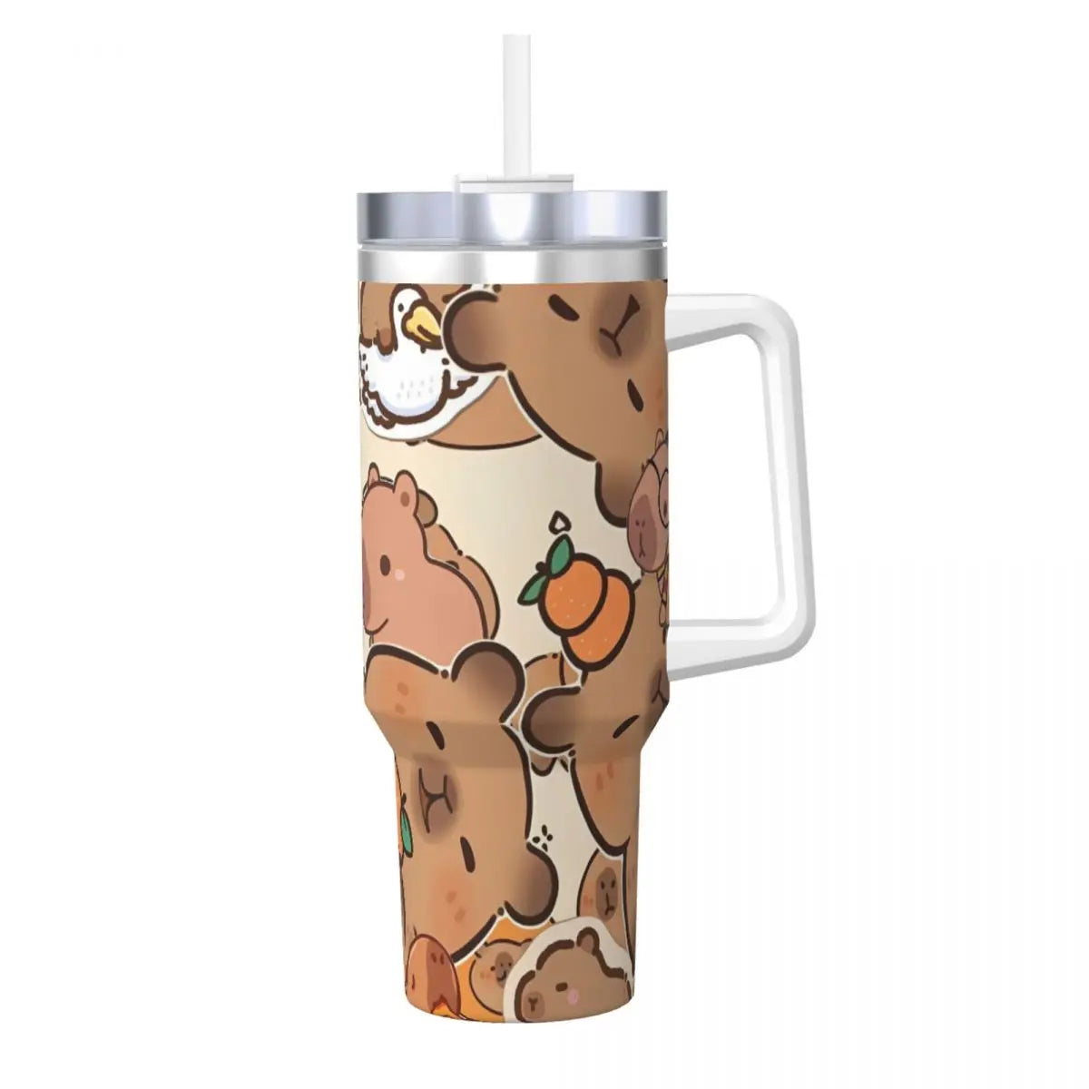 Capybara Insulated Tumbler – Stainless Steel Hot & Cold Drink Cup A tall insulated tumbler with a handle and clear straw, featuring a cartoon bear pattern in warm brown, beige, and orange tones on a white background.