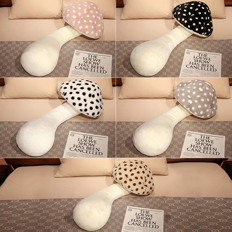 Large Mushroom Plush Pillow – Soft Huggable Stuffed Plant Cushion Collage of a plush mushroom-shaped pillow on a bed with a newspaper underneath.