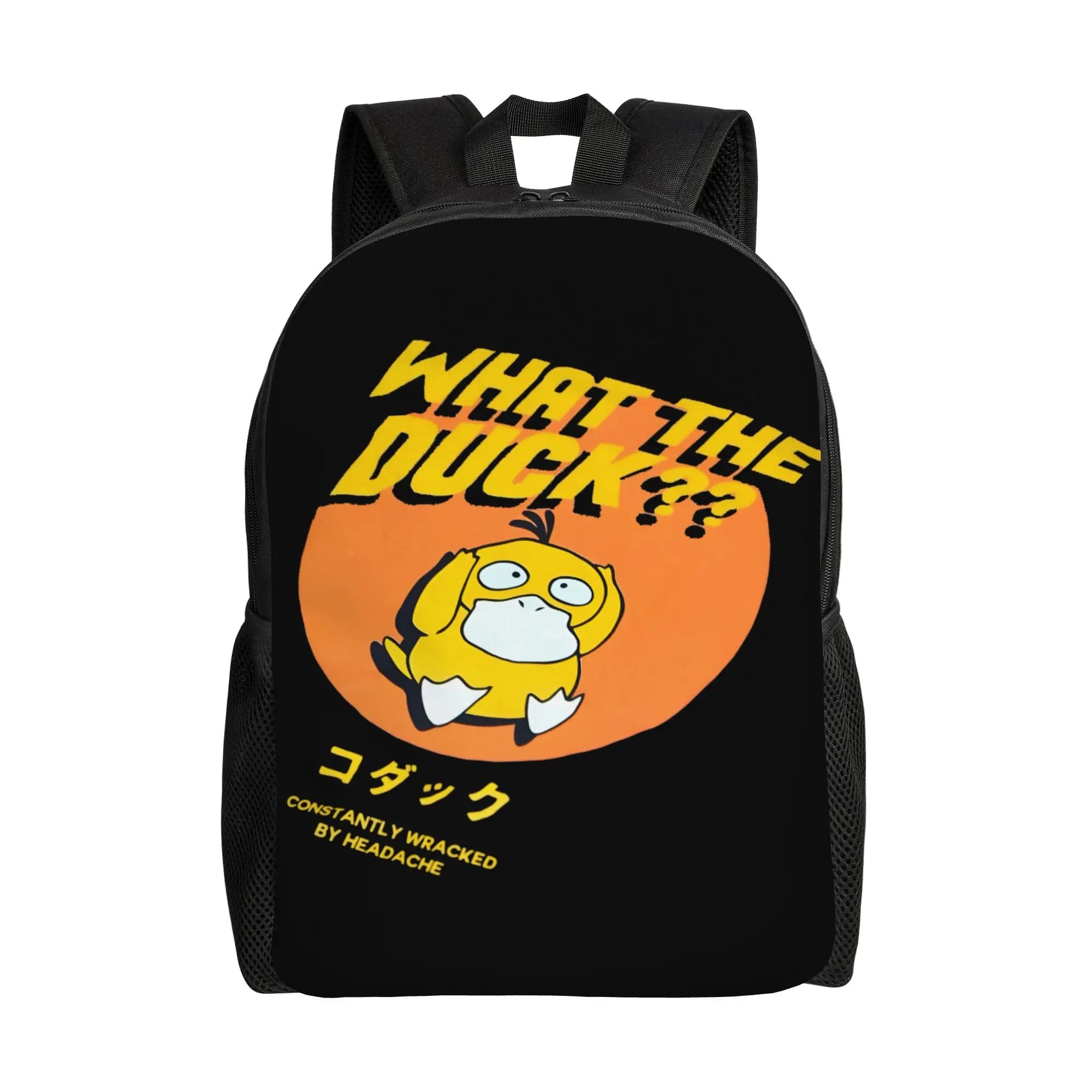 Pokemon Psyduck Laptop Backpack – School Bag A black backpack featuring a large graphic print of a yellow cartoon duck character inside an orange circle, with the text 'WHAT THE DUCK??' in yellow and Japanese katakana text below.