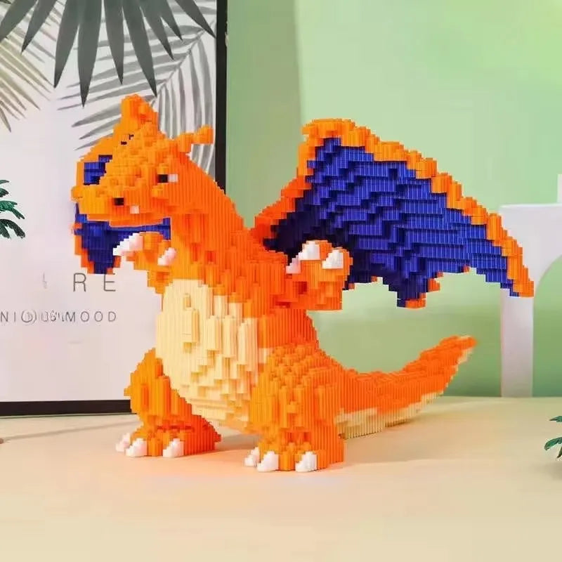 Pokemon Fire-Breathing Dragon Building Blocks – Model Brick Toy Toy dinosaur model made of interlocking bricks on a light surface with a blurred background