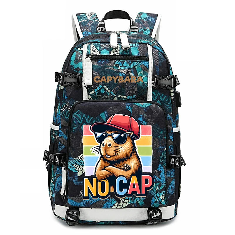 Capybara Backpack – Large Capacity Lightweight School Bag A multicolor backpack with a blue and black abstract pattern, featuring a cartoon beaver wearing a red cap and sunglasses with the text 'NO CAP' on the front pocket. The brand name 'CAPYBARA' is printed on the upper front.