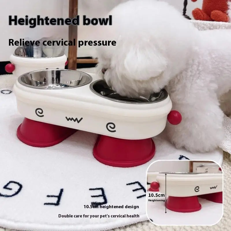 Elevated Pet Bowl Stainless Steel Anti-Slip Feeding Dish Pet elevated bowl with a dog drinking from it, labeled 'BestShop Heightened bowl Relieve cervical pressure'.