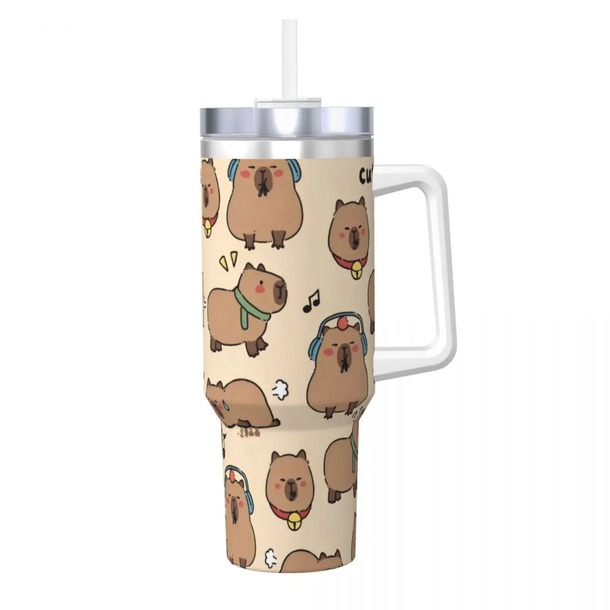 Capybara Insulated Tumbler – Stainless Steel Hot & Cold Drink Cup A tall handled tumbler with a lid and straw, featuring a repeating cartoon capybara pattern on a light beige background. The tumbler has a silver metal rim and a white handle, shown against a plain white background.