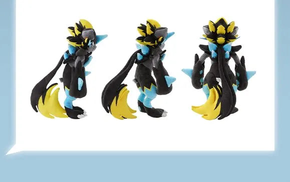 Pokemon Mega Plush Toy – Mega Lucario, Mega Greninja & Mega Starmie Three views of a small fantasy creature figure, likely a Pokémon-style character, shown on a white background with a light blue border. The figure is primarily black with bright yellow and light blue accents.