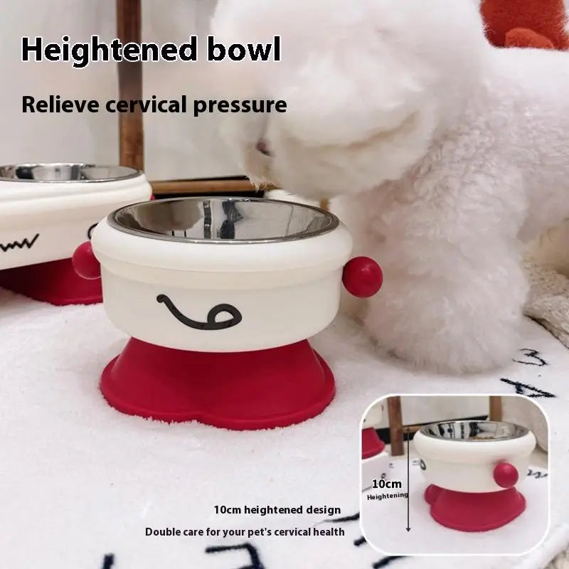 Elevated Pet Bowl Stainless Steel Anti-Slip Feeding Dish Heightened pet bowl with a smiling face design, featuring text about relieving cervical pressure.