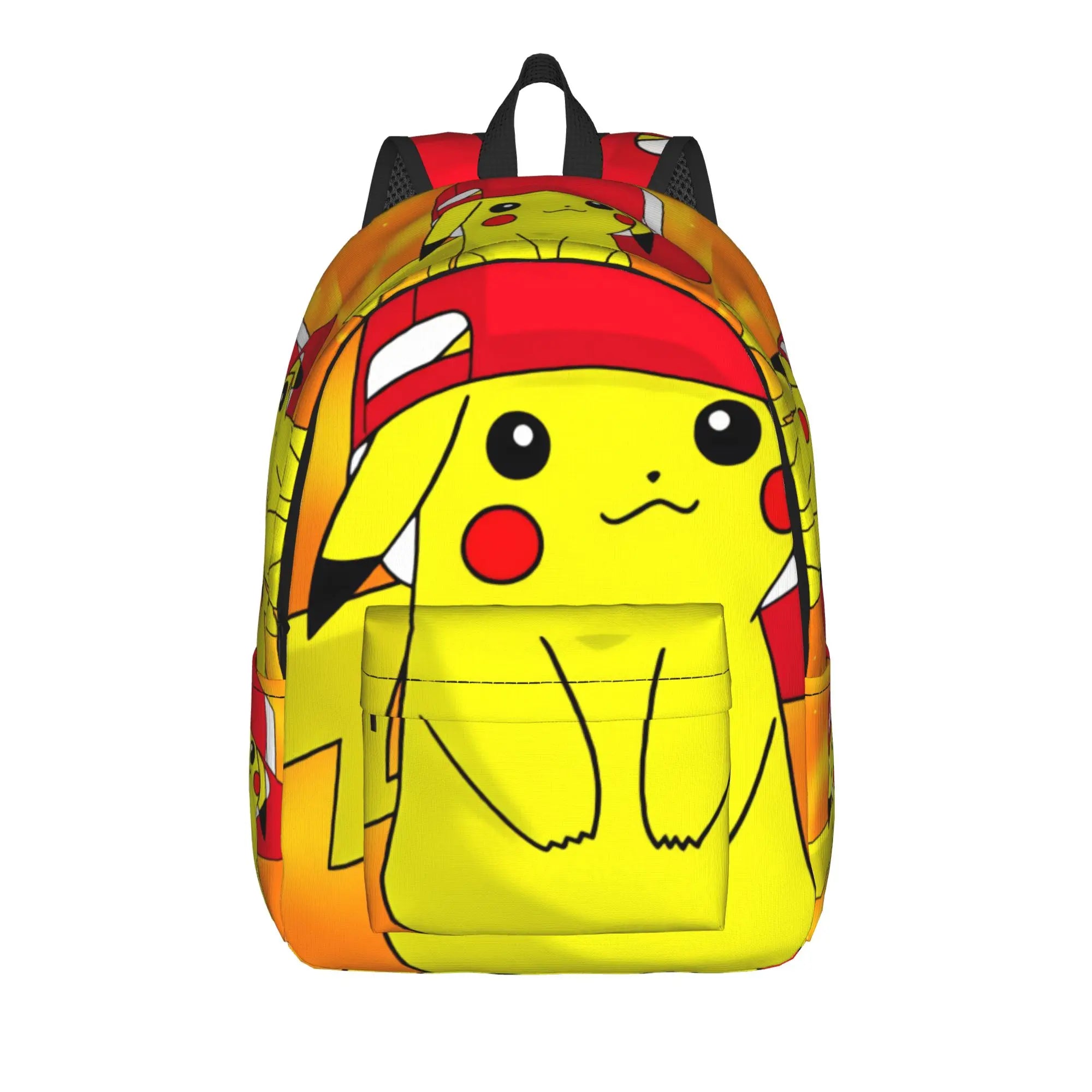 Pokemon Squirtle Backpack – Sport School Bag A yellow Pikachu backpack with a red and white headband, featuring a front pocket and black straps, shown against a plain white background.